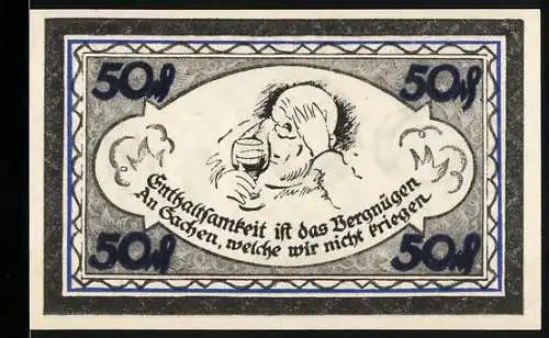 Notgeld Stolzenau 1921, 50 Pfennig, Enthält Denkmal des Dichters Wilhelm Busch und Spruch zur Enthaltsamkeit