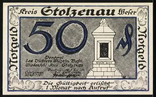 Notgeld Stolzenau 1921, 50 Pfennig, Enthält Denkmal des Dichters Wilhelm Busch und Spruch zur Enthaltsamkeit