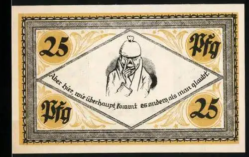 Notgeld Stolzenau, 1921, 25 Pfennig, Bildnis des Dichters Wilhelm Busch und Spruch Aber hier, wie überhaupt, ...