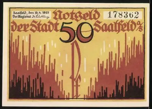 Notgeld Saalfeld, 1921, 50 Pf, Der hohe Schwarm, Stadt Saalfeld /Saale, Seriennummer 178362