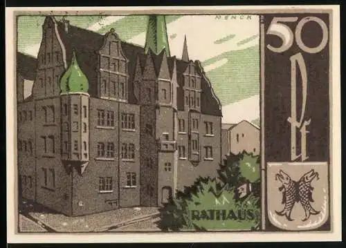 Notgeld Saalfeld 1921, 50 Pf, Rathausabbildung und Wappen mit Fischen