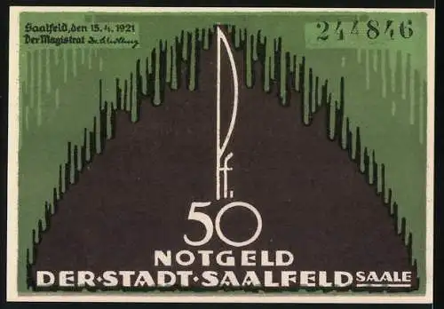 Notgeld Saalfeld 1921, 50 Pf, Rathausabbildung und Wappen mit Fischen