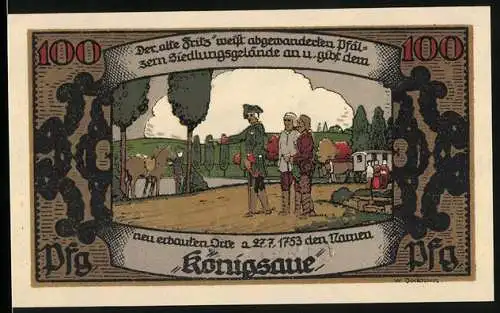 Notgeld Königsaue, 1921, 100 Pfennig, Abwanderung der Pfälzer und Karte der Grafschaft Askanien