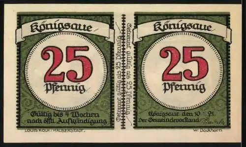 Notgeld Königsaue, 1921, 50 Pfennig, Musiknoten, Kinder, Grün und Rot