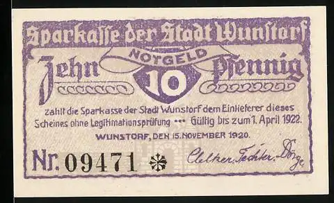 Notgeld Wunstorf 1920, 10 Pfennig, Altes Rathaus und Sparkasse der Stadt Wunstorf