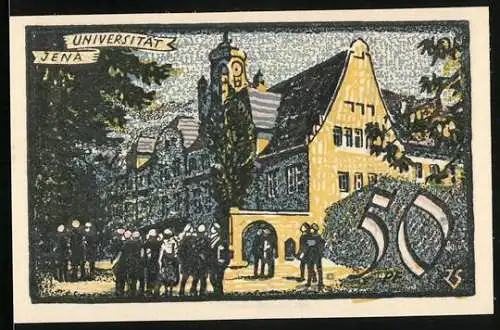 Notgeld Jena 1921, 50 Pfennig, Universität mit Menschenansammlung und Adler-Symbolen