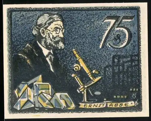 Notgeld Jena, 1921, 75 Pfennig, Porträt von Ernst Abbe und Mikroskop, Universitätsstadt Jena