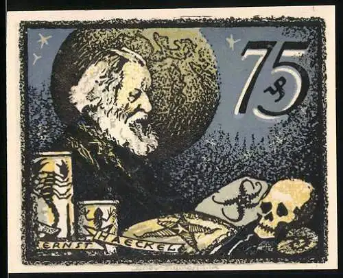 Notgeld Jena, 1921, 75 Pfennig, Ernst Haeckel Porträt und Schädel mit Insektenzeichnungen