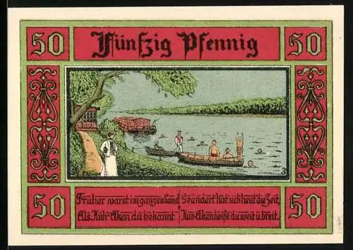 Notgeld Aken / Elbe, 1921, 50 Pfennig, Flusslandschaft und Stadtwappen