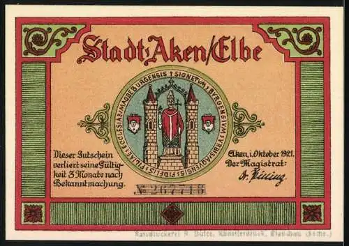 Notgeld Aken / Elbe, 1921, 50 Pfennig, Flusslandschaft und Stadtwappen