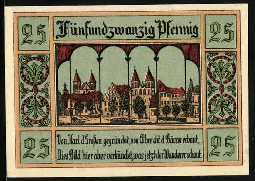 Notgeld Aken / Elbe, 1921, 25 Pfennig, Stadtansicht mit Stadtwappen und Inschrift