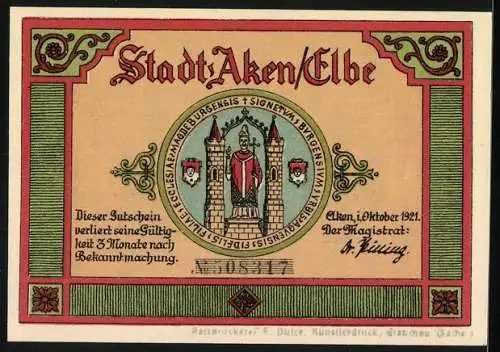 Notgeld Aken / Elbe, 1921, 25 Pfennig, Stadtansicht mit Stadtwappen und Inschrift