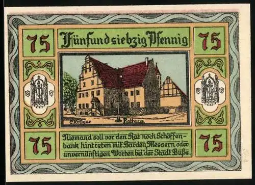 Notgeld Aken / Elbe, 1921, 75 Pfennig, Rathaus und Stadtwappen, Gültigkeit 3 Monate nach Bekanntmachung