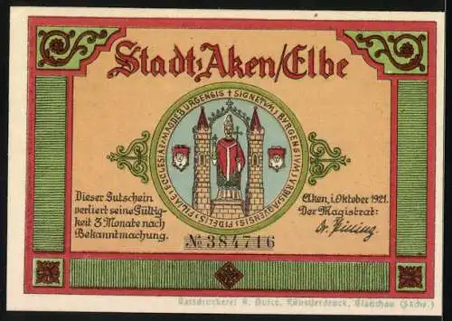 Notgeld Aken / Elbe, 1921, 75 Pfennig, Rathaus und Stadtwappen, Gültigkeit 3 Monate nach Bekanntmachung