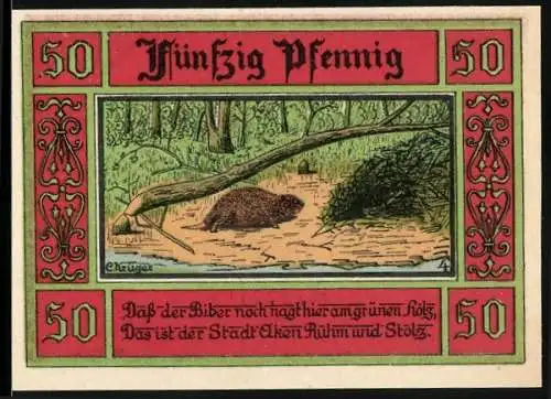 Notgeld Aken / Elbe, 1921, 50 Pfennig, Biber im Wald und Stadtwappen