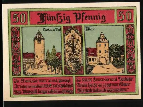 Notgeld Aken / Elbe, 1921, 50 Pfennig, Cöthener Tor und Elbtor Abbildungen, gültig 3 Monate nach Bekanntmachung