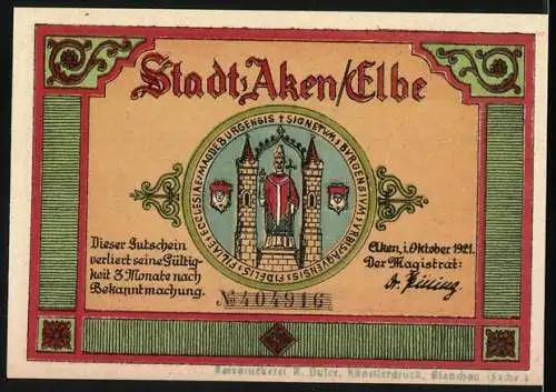 Notgeld Aken / Elbe, 1921, 50 Pfennig, Cöthener Tor und Elbtor Abbildungen, gültig 3 Monate nach Bekanntmachung