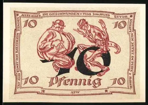 Notgeld Arnstadt 1921, 10 Pfennig, Karikaturen, Adler und Jahreszahl