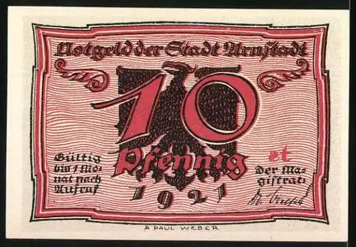 Notgeld Arnstadt 1921, 10 Pfennig, Illustration tanzender Männer und Adler, gültig nur nach Aufruf