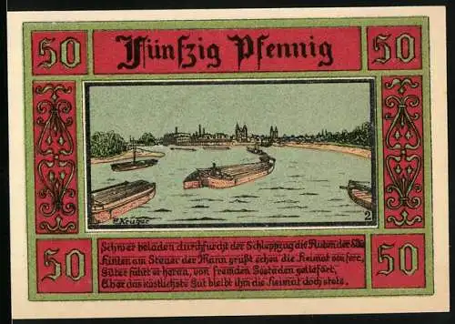 Notgeld Aken / Elbe, 1921, 50 Pfennig, Schiffe auf Fluss, Stadtwappen, Gültigkeit 3 Monate