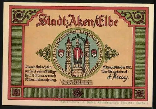 Notgeld Aken / Elbe, 1921, 50 Pfennig, Schiffe auf Fluss, Stadtwappen, Gültigkeit 3 Monate