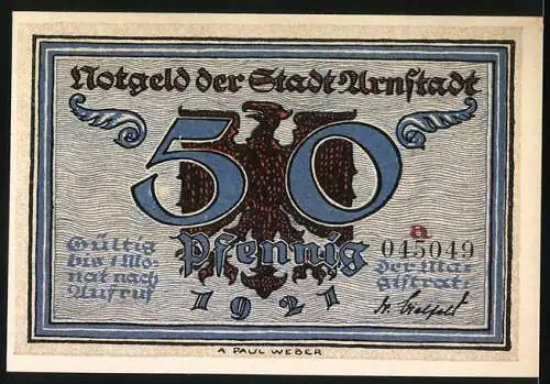 Notgeld Arnstadt 1921, 50 Pfennig, Stadtansicht und Darstellung der Pest mit Skelett und Mensch