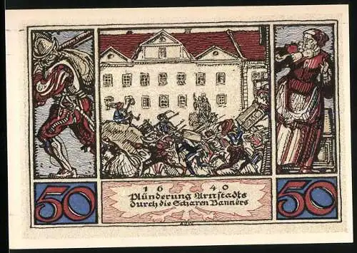 Notgeld Arnstadt, 1921, 50 Pfennig, Plünderung Arnstadts durch die Scharen Banners