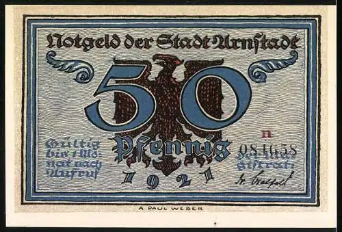 Notgeld Arnstadt, 1921, 50 Pfennig, Weinerntefest am Tage des heiligen Urban, rote und blaue Verzierungen