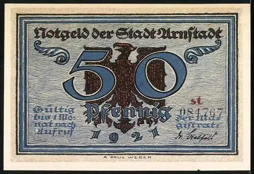 Notgeld Arnstadt 1921, 50 Pfennig, Darstellung des grossen Brandes von 1581 und Stadtwappen