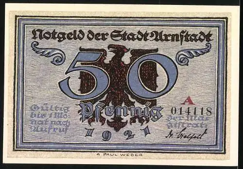 Notgeld Arnstadt, 1921, 50 Pfennig, Der Reichstag in Arnstadt unter Otto dem Grossen, Adler und Wert