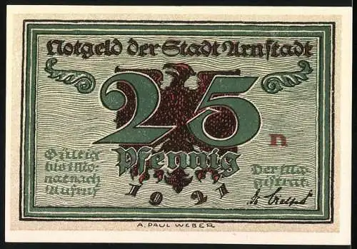 Notgeld Arnstadt 1921, 25 Pfennig, Portrait von Alexis und Adler