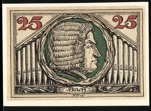 Notgeld Arnstadt, 1921, 25 Pfennig, Portrait von Bach und Adler-Design