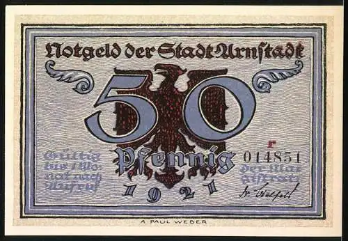 Notgeld Arnstadt 1921, 50 Pfennig, Erfolgreiche Belagerung der Stadt mit Ritter und Festung