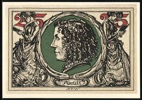 Notgeld Arnstadt, 1921, 25 Pfennig, Portrait einer Person mit Locken und zwei Frauen mit Büchern