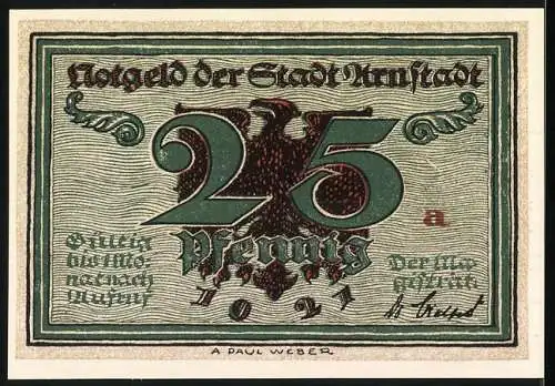 Notgeld Arnstadt, 1921, 25 Pfennig, Portrait einer Person mit Locken und zwei Frauen mit Büchern