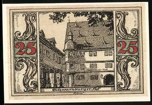 Notgeld Arnstadt 1921, 25 Pfennig, Schwarzburger Hof, Adler und Schriftzüge