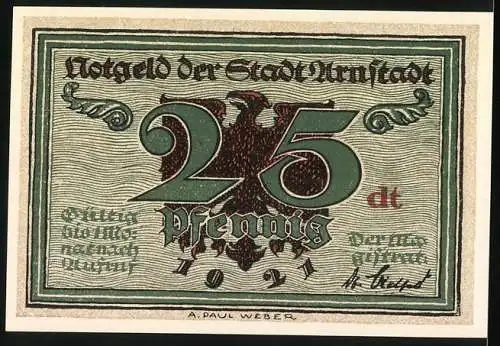 Notgeld Arnstadt 1921, 25 Pfennig, Schwarzburger Hof, Adler und Schriftzüge