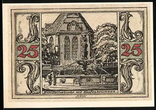 Notgeld Arnstadt 1921, 25 Pfennig, Bonifatiuskirche mit Hopfenbrunnen und Adler, A. Paul Weber