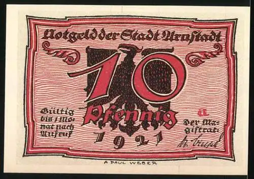 Notgeld Arnstadt 1921, 10 Pfennig, Figuren, Adler und Schrift