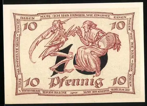 Notgeld Arnstadt 1921, 10 Pfennig, humoristisches Motiv mit Spruch und Adler-Design