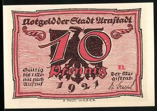 Notgeld Arnstadt 1921, 10 Pfennig, Adler und Bauern mit Eiern-Motiv