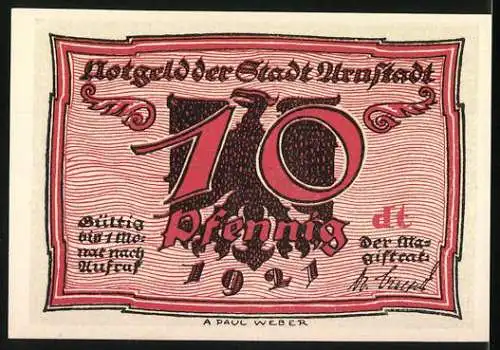 Notgeld Arnstadt 1921, 10 Pfennig, Illustration eines Mannes und eines Vogels, Adler und Mann