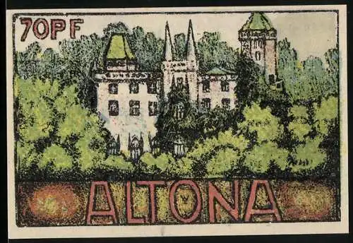 Notgeld Altona, 1921, 70 Pf, Illustration eines Schlosses und St. Nikolai-Kirche