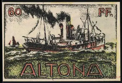 Notgeld Altona, 1921, 60 Pf, Dampfschiff und Dreitürmiges Gebäude