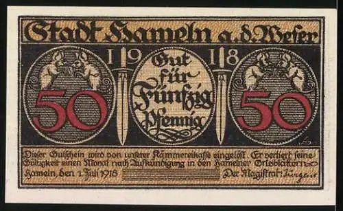 Notgeld Hameln 1918, 50 Pfennig, Motiv mit Rattenfänger und Kindern