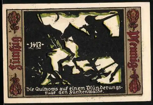 Notgeld Fürstenwalde 1921, 50 Pfennig, Die Quitzows auf einem Plünderungszuge gen Fürstenwalde