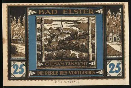 Notgeld Bad Elster, 25 Pfennig, Gesamtansicht Die Perle des Vogtlandes und Sparkasse Motiv