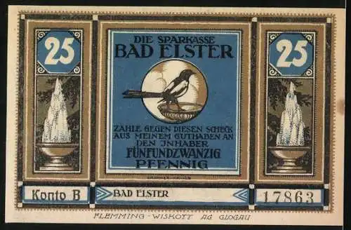 Notgeld Bad Elster, 25 Pfennig, Gesamtansicht Die Perle des Vogtlandes und Sparkasse Motiv