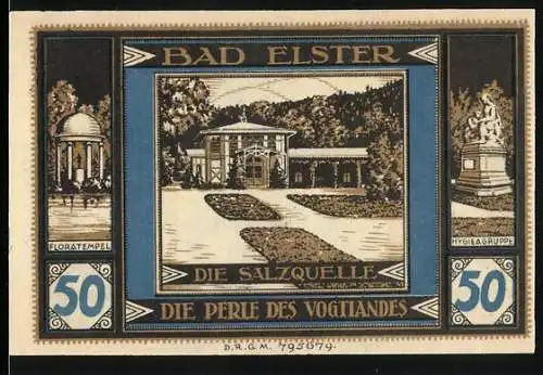 Notgeld Bad Elster, 50 Pfennig, Die Salzquelle, Floratempel und Hygieagruppe, Konto C, Nr. 24811