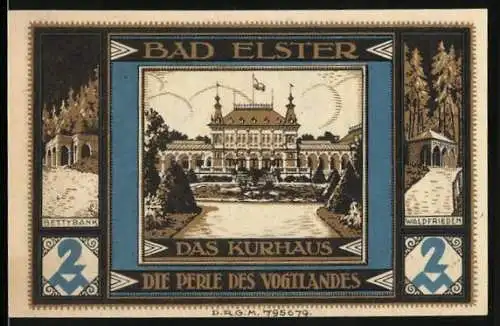 Notgeld Bad Elster, 2 Mark, Das Kurhaus und Landschaft mit Brunnen